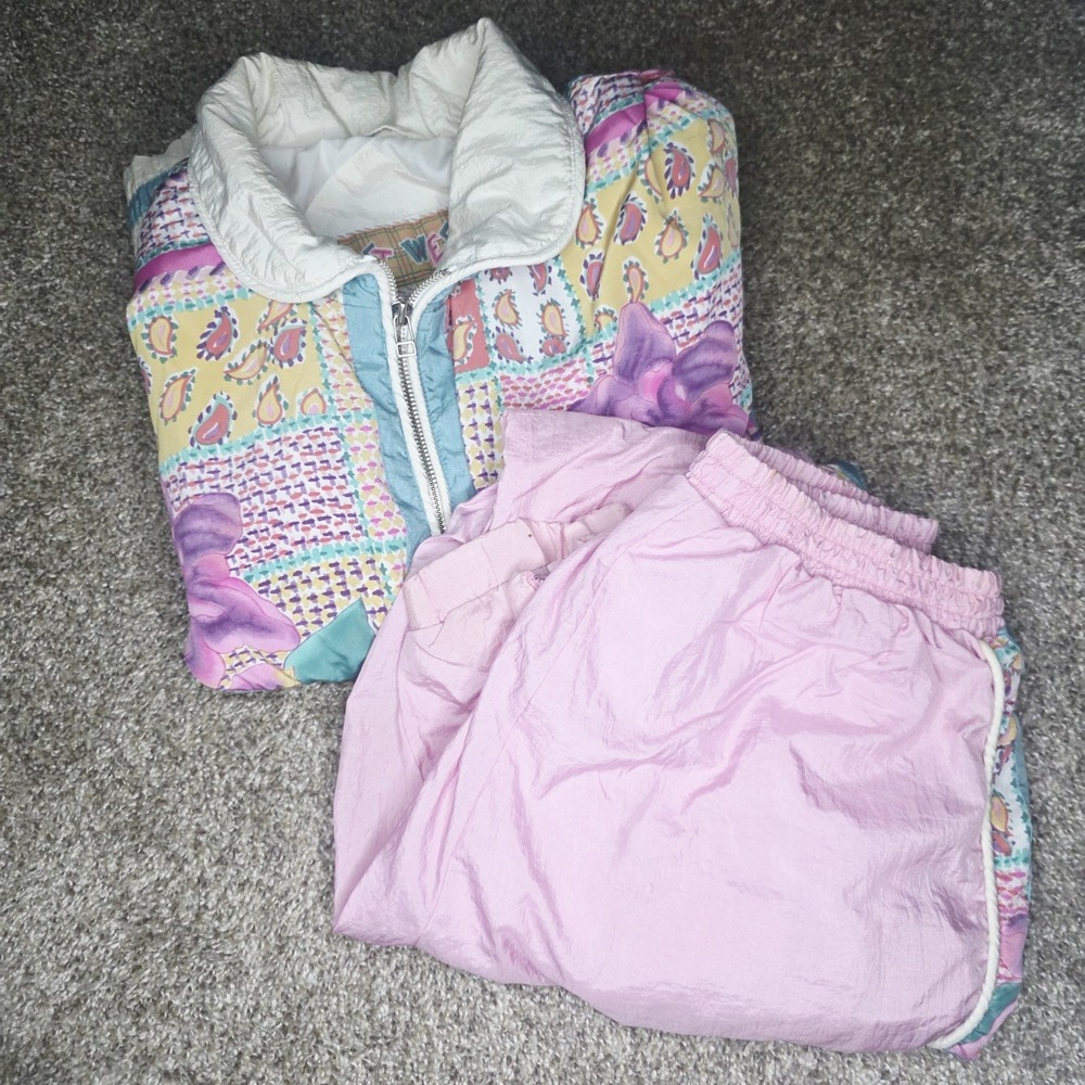 Vintage 80s East West Womens Pink White Nylon Tracksuit Size MED